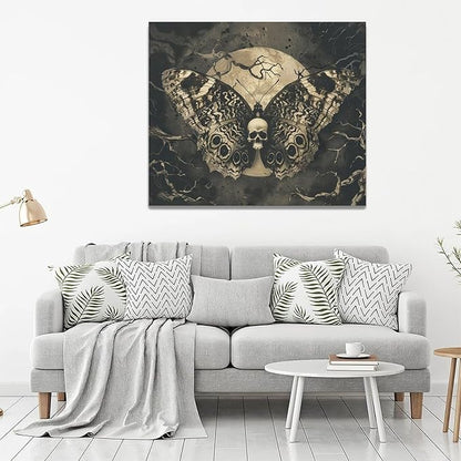 Skull Gothic Wall Art Skeleton Butterfly Dark Spooky Pictures Wall Decor Goth Horror Canvas Painting Home Modern Artwork Decorations Framed for Bathroom Living Room Bedroom Office 24x20 inch