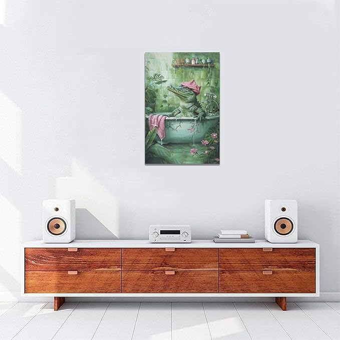 Bathroom Crocodile Wall Art Alligator Bathroom Pictures Wall Decor Funny Toilet Bathroom Canvas Painting Home Modern Artwork Decorations Framed for Restroom 20 x 24 inch