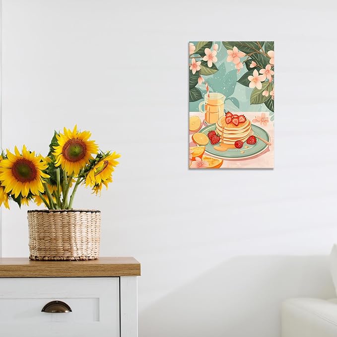 Vintage Food Afternoon Tea Kitchen Wall Art Funny Drinks Fruits Food Pastries Canvas Posters Funky Pink Strawberry Cake Orange Flowers Prints Painting For Living Room Wall Decor 8x10in Framed