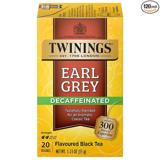 Twinings Decaffeinated Earl Grey Black Tea Individually Wrapped Bags, 20 Count (Pack of 6), Flavoured with Citrus and Bergamot, Enjoy Hot or Iced | Packaging May Vary