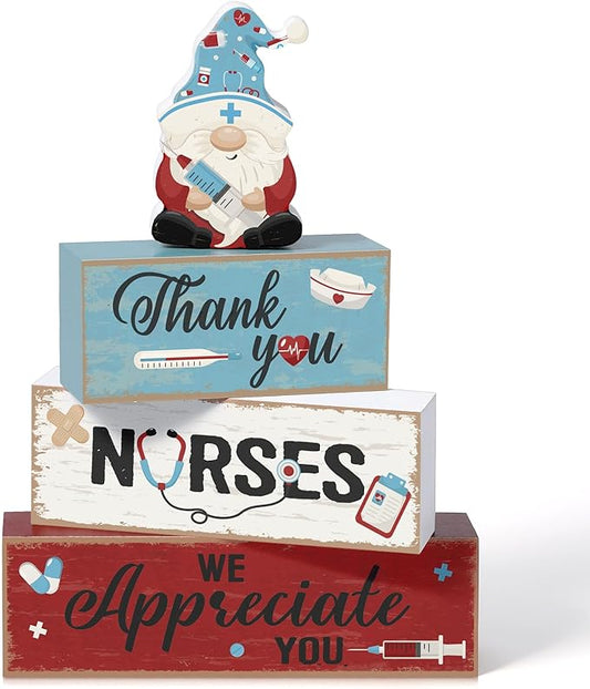 Blosssound 4 Pcs Nurse Appreciation Week Decorations Table Centerpieces Thank You Nurse Wooden Signs Blue Gnome Block Gifts for Medical Rn Students Graduation Party Supplies Tiered Tray Mantel Shelf