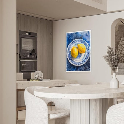Vintage Yellow Fruit Orange Kitchen Wall Art Funky Blue Dining Table Plates Ceramics Canvas Posters Family Restaurant Food Fruits Prints Painting For Modern Living Room Wall Decor 16x24in Unframed
