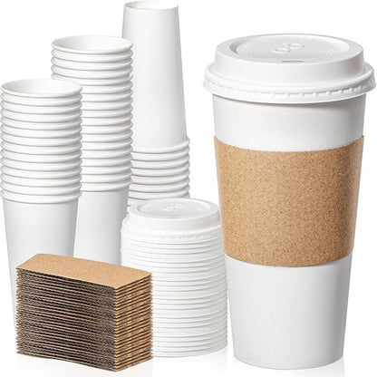 Fit Meal Prep 100 Pack 20 oz Disposable Coffee Cups with Lids, Sleeves, Leak-Proof To Go Coffee Cups with Lids, Durable Hot Paper Cups for Home, Office, Party, Business
