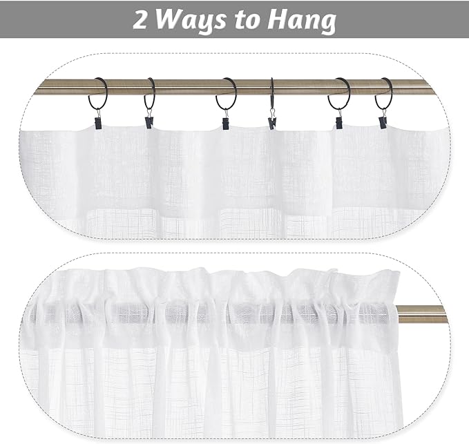 RYB HOME White Linen Textured Sheer Ties for Bathroom Bedroom, Machine Washable Kitchen Soften Sunlight Short Curtains Valances Country Rustic, W 42 x L 36 inches, White, 2 Panels