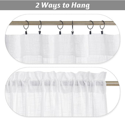 RYB HOME White Linen Textured Sheer Ties for Bathroom Bedroom, Machine Washable Kitchen Soften Sunlight Short Curtains Valances Country Rustic, W 42 x L 36 inches, White, 2 Panels