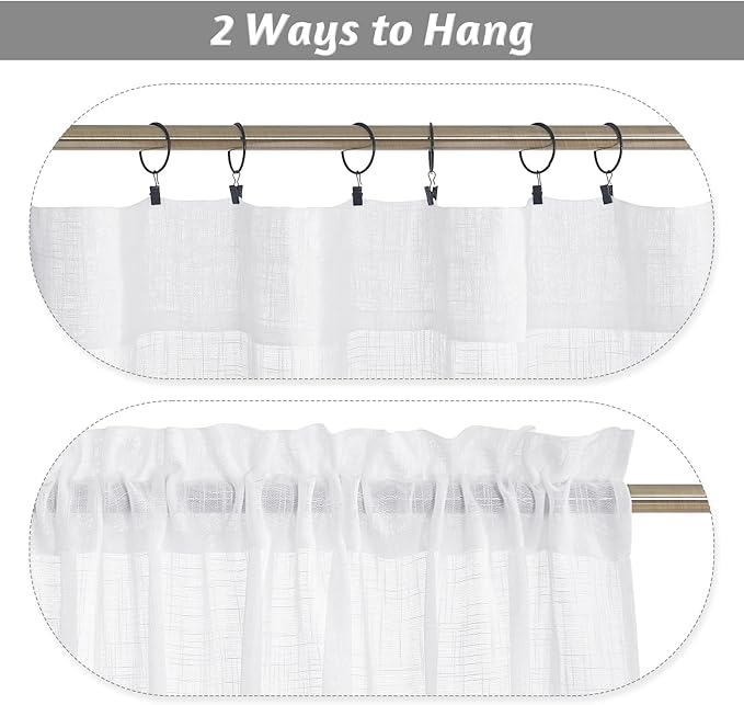 RYB HOME White Sheer Valances for Cafe Kitchen, Light Filtering Durability Farmhouse Linen Textured Curtains for Small Short Window Living Room Glass Door, W 34 x L 30 inches, White, 2 Panels