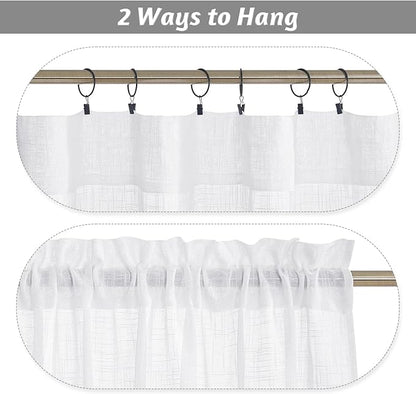 RYB HOME White Sheer Valances for Cafe Kitchen, Light Filtering Durability Farmhouse Linen Textured Curtains for Small Short Window Living Room Glass Door, W 34 x L 30 inches, White, 2 Panels