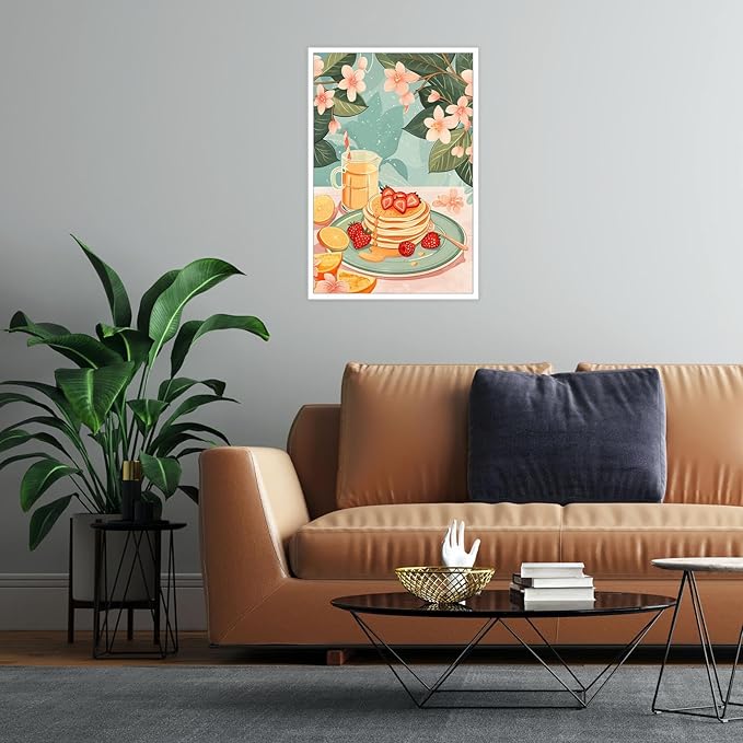 Vintage Food Afternoon Tea Kitchen Wall Art Funny Drinks Fruits Food Pastries Canvas Posters Funky Pink Strawberry Cake Orange Flowers Prints Painting For Living Room Wall Decor 24x36in Unframed
