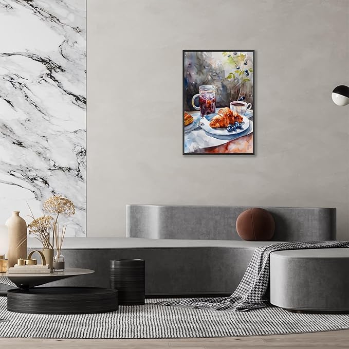 Vintage Coffee Food Kitchen Wall Art Colorful Bread Pastries Drinks Canvas Posters Funky Dining Table Plates Afternoon Tea Prints Painting For Modern Dining Room Cafe Wall Decor 12x16in Framed