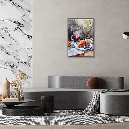 Vintage Coffee Food Kitchen Wall Art Colorful Bread Pastries Drinks Canvas Posters Funky Dining Table Plates Afternoon Tea Prints Painting For Modern Dining Room Cafe Wall Decor 12x16in Framed