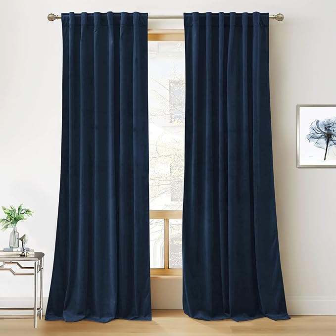 RYB HOME Navy Blue Velvet Curtains 100 inches, Back Tab Soft Fabric Room Darkening Thermal Insulated Luxurious Home Decor Curtains for Living Room Bedroom, W 52" x L 100", 2 Panels Set