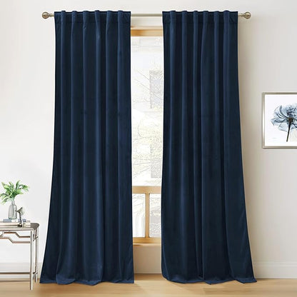 RYB HOME Navy Blue Velvet Curtains 100 inches, Back Tab Soft Fabric Room Darkening Thermal Insulated Luxurious Home Decor Curtains for Living Room Bedroom, W 52" x L 100", 2 Panels Set