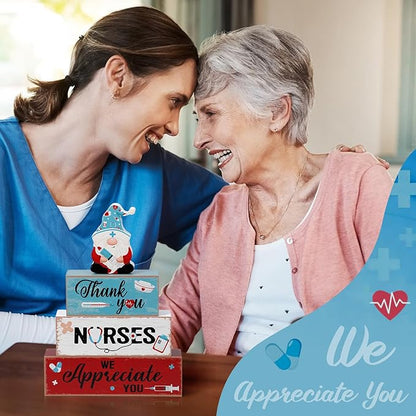 Blosssound 4 Pcs Nurse Appreciation Week Decorations Table Centerpieces Thank You Nurse Wooden Signs Blue Gnome Block Gifts for Medical Rn Students Graduation Party Supplies Tiered Tray Mantel Shelf