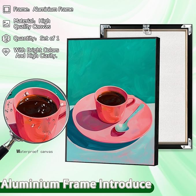 Vintage Afternoon Tea Black Coffee Wall Art Funky Pink Dinner Plate Food Canvas Posters Kitchen Coffee Pictures Prints Painting For Modern Home Dining Room Cafe Restaurant Wall Decor 8x10in Framed