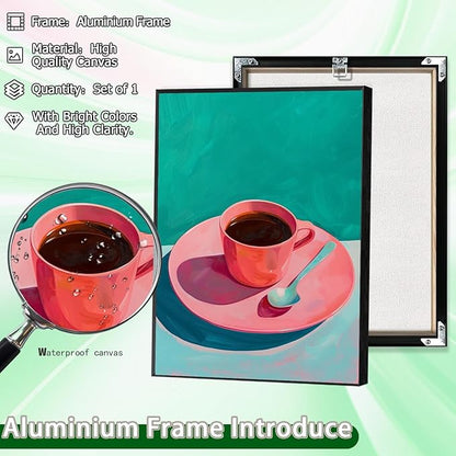 Vintage Afternoon Tea Black Coffee Wall Art Funky Pink Dinner Plate Food Canvas Posters Kitchen Coffee Pictures Prints Painting For Modern Home Dining Room Cafe Restaurant Wall Decor 8x10in Framed