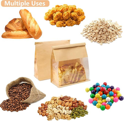 Heavy Duty Large Kraft Paper Bread Bags with Tin Tie Tab Lock 50pcs, Loaf Bag with Clear Front Window, Storage Packaging Treat Bag for Bakery Cafe Homemade Bread 10.6” × 4.3” × 8.7”