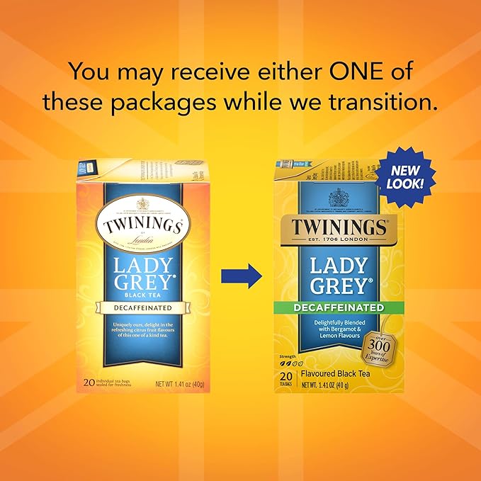 Twinings Decaffeinated Lady Grey Black Tea Individually Wrapped Bags, 20 Count (Pack of 6), Orange Peel & Lemon Peel, Enjoy Hot or Iced | Packaging May Vary