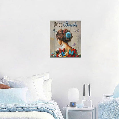 Just Breathe Butterfly Girl Wall Art Aesthetic Girls Room Decor Colorful Flying Butterfly female Woman Pictures Canvas Painting Artwork Decorations Framed for Bedroom Bathroom Office 24 x 20 inch