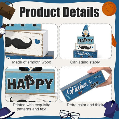 Blosssound 4 Pcs Father's Day Table Decorations Centerpieces Happy Father's Day Wooden Signs Retro Blue White Gnome Block Dad Appreciation Gifts Grandfather Birthday Party Supplies for Shelf Mantel