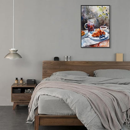 Vintage Coffee Food Kitchen Wall Art Colorful Bread Pastries Drinks Canvas Posters Funky Dining Table Plates Afternoon Tea Prints Painting For Modern Dining Room Cafe Wall Decor 24x36in Framed