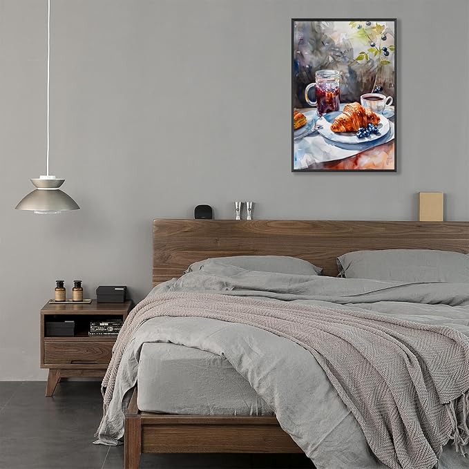 Vintage Coffee Food Kitchen Wall Art Colorful Bread Pastries Drinks Canvas Posters Funky Dining Table Plates Afternoon Tea Prints Painting For Modern Dining Room Cafe Wall Decor 12x16in Framed