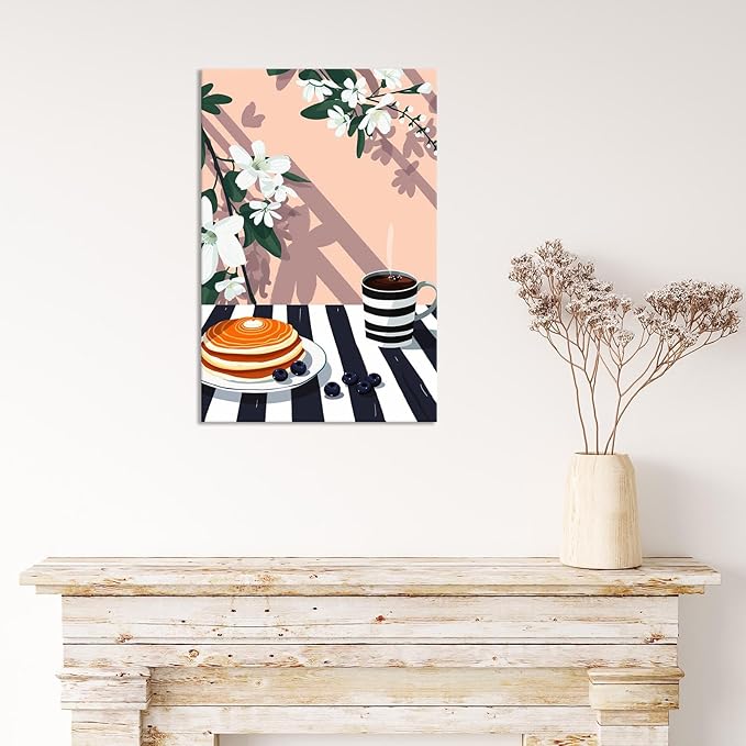 Vintage Dining Table Afternoon Tea Wall Art Funky Coffee Food Flowers Canvas Posters Cakes Bread Pastries Kitchen Prints Painting For Modern Home Dining Room Bakery Cafe Wall Decor 8x10in Framed