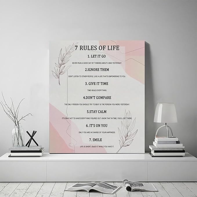 7 Rules of Life Wall Art Motivational Inspirational Pictures Wall Decor Positive Quotes Canvas Painting Home Modern Artwork Decorations Framed for Office Bathroom Living Room Bedroom 20 x 24 inch