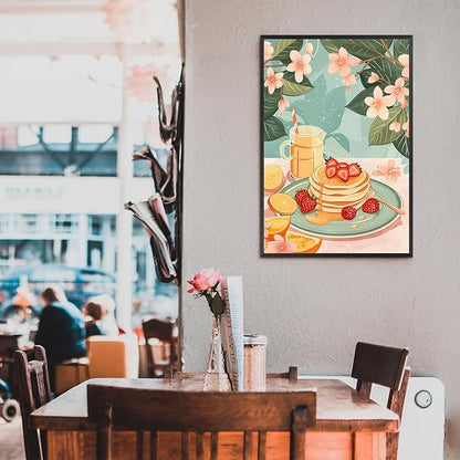 Vintage Food Afternoon Tea Kitchen Wall Art Funny Drinks Fruits Food Pastries Canvas Posters Funky Pink Strawberry Cake Orange Flowers Prints Painting For Living Room Wall Decor 8x10in Framed
