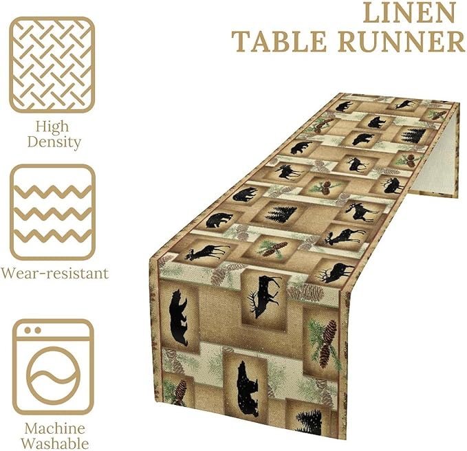 Country Cottage Table Runner, Vintage Bear Deer Elk Moose Cabin Rustic Style Linen Table Runner for Home Kitchen Table Decoration, 13x108 Inch