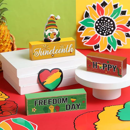 Blosssound 4 Pcs Juneteenth Table Decorations Centerpieces Happy Juneteenth Day Wooden Signs Gnome Freedom Day Wood Block Gifts for 1865 Black American Independence Party Tiered Tray Mantel Shelf