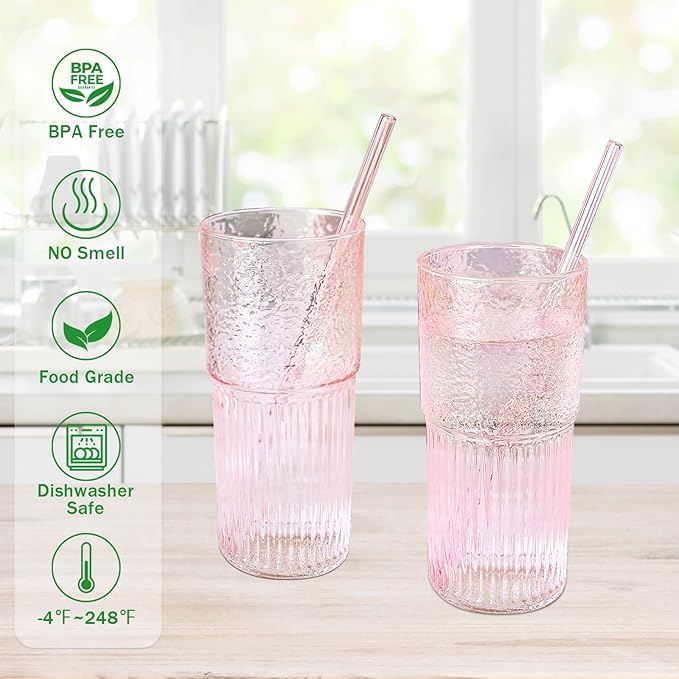 Glass Cups with Lids and Glass Straws, High Borosilicate 20OZ Pink Tumblers (2Pcs) for Coffee, Tea, Juice, Smoothies, Hot & Cold Drinks at Home/Office