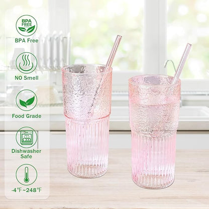 Glass Cups with Lids and Glass Straws, High Borosilicate 20OZ Pink Tumblers (2Pcs) for Coffee, Tea, Juice, Smoothies, Hot & Cold Drinks at Home/Office
