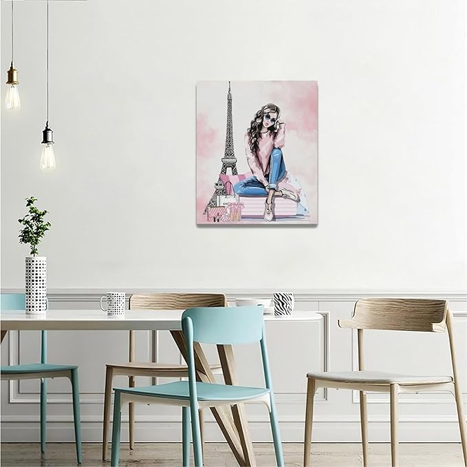 Pink Fashion Girls Wall Art Paris Glam Woman Pictures Room Decor Female Canvas Painting Print Eiffel Tower Home Makeup Artwork Decorations Framed for Bathroom Living Room Bedroom Office 20 x 24 inch