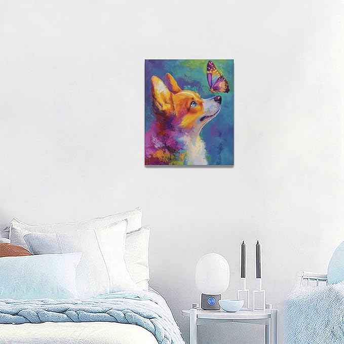 Corgi Kiss Butterfly Wall Art Dog Pictures Wall Decor Dogs Canvas Painting Print Home Modern Artwork Decorations Framed for Bathroom Living Room Bedroom Office 20 x 24 inch