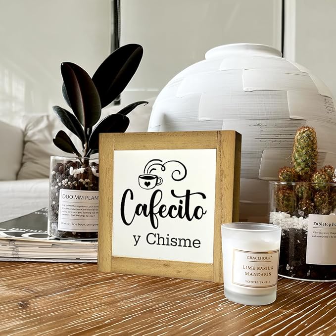 Coffee Wood Plaque Sign, Cafecito y Chisme, Box Wood Plaques Desk Décor, Rustic Kitchen Home Decor, Tea Room Decor, Decor Sign for Coffee Bar Home Office Kitchen, Coffee Lover Gift, 5.9×5.9inch D