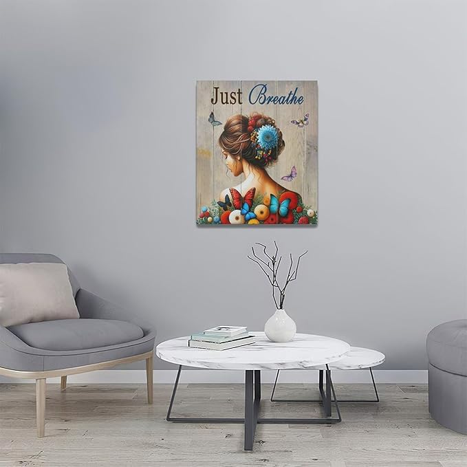 Just Breathe Butterfly Girl Wall Art Aesthetic Girls Room Decor Colorful Flying Butterfly female Woman Pictures Canvas Painting Artwork Decorations Framed for Bedroom Bathroom Office 24 x 20 inch