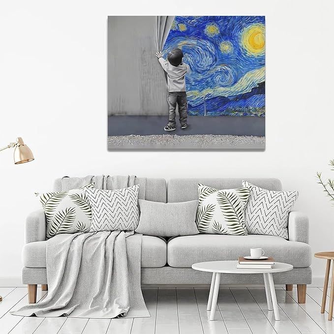 xiilo Banksy Wall Art Boys Starry Night Street Graffiti Pictures Wall Decor Kids Canvas Painting Pop Home Modern Artwork Decorations Framed for Living Room Bedroom Bathroom Office 24 x 20 inch