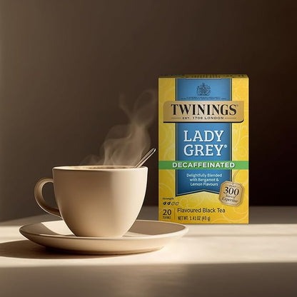 Twinings Decaffeinated Lady Grey Black Tea Individually Wrapped Bags, 20 Count (Pack of 6), Orange Peel & Lemon Peel, Enjoy Hot or Iced | Packaging May Vary