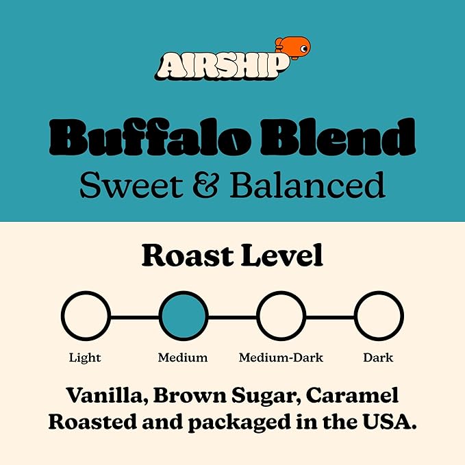 Airship Coffee Buffalo Blend Medium Roast, 250g - Flavor Notes of Vanilla, Brown Sugar, and Caramel - Sourced from Guatemala and Colombia - Roasted Whole Bean Coffee