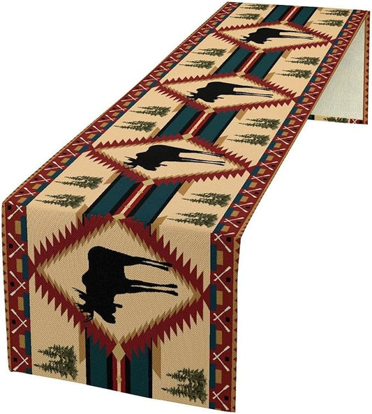 Country Cottage Table Runner, Vintage Bear Deer Elk Moose Cabin Rustic Style Linen Table Runner for Home Kitchen Table Decoration, 13x120 Inch