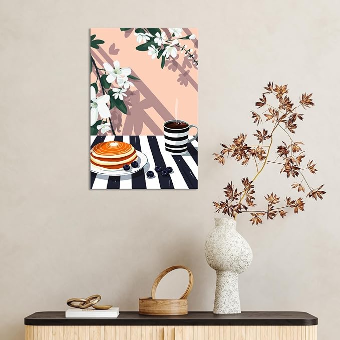 Vintage Dining Table Afternoon Tea Wall Art Funky Coffee Food Flowers Canvas Posters Cakes Bread Pastries Kitchen Prints Painting For Modern Home Dining Room Bakery Cafe Wall Decor 8x10in Framed