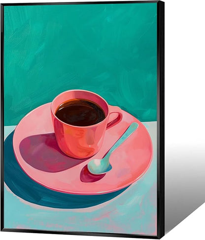 Vintage Afternoon Tea Black Coffee Wall Art Funky Pink Dinner Plate Food Canvas Posters Kitchen Coffee Pictures Prints Painting For Modern Home Dining Room Cafe Restaurant Wall Decor 8x10in Framed
