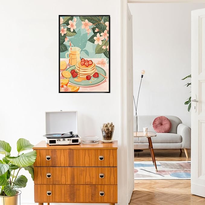 Vintage Food Afternoon Tea Kitchen Wall Art Funny Drinks Fruits Food Pastries Canvas Posters Funky Pink Strawberry Cake Orange Flowers Prints Painting For Living Room Wall Decor 8x10in Framed