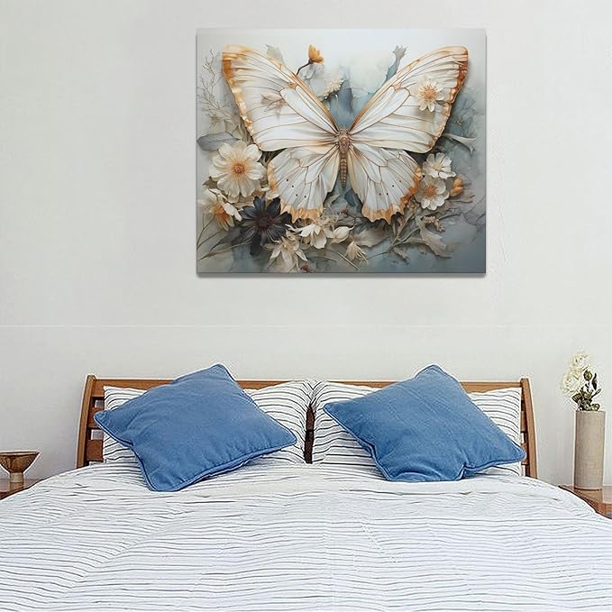 Butterfly Flower Decor Wall Art Aesthetic Butterfly Pictures Wall Decor Abstract Butterfly Floral Canvas Painting Modern Artwork Decorations Framed for Bathroom Living Room Bedroom Office 24x20inch