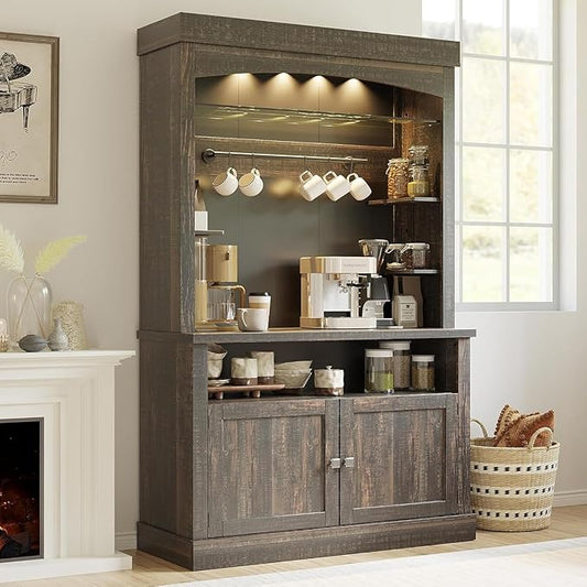 Coffee Bar Cabinet with LED Lights 72" Tall Buffet Cabinet with Storage Farmhouse Kitchen Sideboard Tall Coffee Hutch with Microwave Stand/Wine Rack/Glass Shelf Dining Room (Oak)