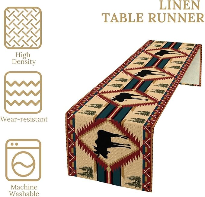 Country Cottage Table Runner, Vintage Bear Deer Elk Moose Cabin Rustic Style Linen Table Runner for Home Kitchen Table Decoration, 13x70 Inch
