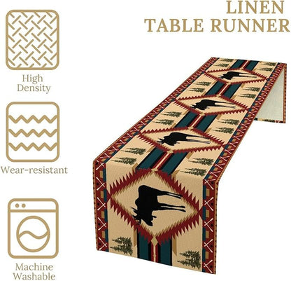 Country Cottage Table Runner, Vintage Bear Deer Elk Moose Cabin Rustic Style Linen Table Runner for Home Kitchen Table Decoration, 13x70 Inch