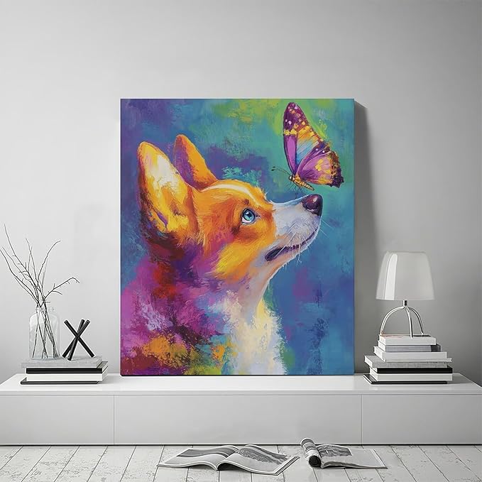 Corgi Kiss Butterfly Wall Art Dog Pictures Wall Decor Dogs Canvas Painting Print Home Modern Artwork Decorations Framed for Bathroom Living Room Bedroom Office 20 x 24 inch