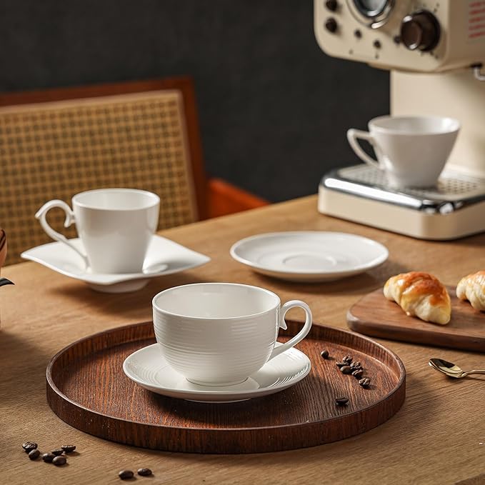 Coffee Cups with Saucers, Cappuccino Mug Set of 4 (10oz), Ceramic White Tea Mugs with Saucers, Microwave and Dishwasher Safe, for Home, Cafe, Bridal Shower, and Housewarming