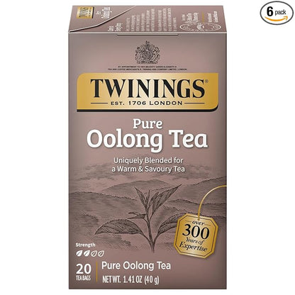 Twinings Pure Oolong Tea Individually Wrapped Bags, 20 Count (Pack of 6), Warm, Nutty Flavor & Golden Colour, Caffeinated, Enjoy Hot or Iced | Packaging May Vary